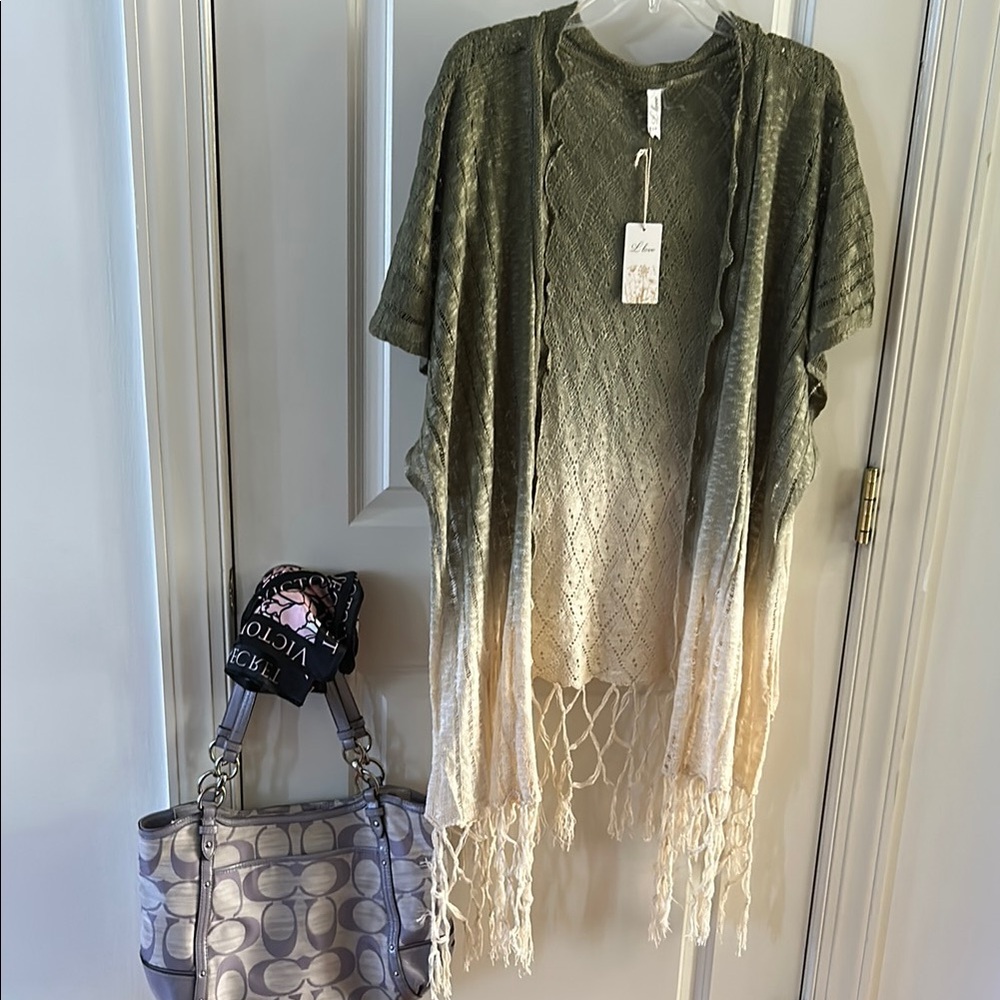 LOVE Obre Knit Kimono Duster Cardigan with Fringe S/M NWT